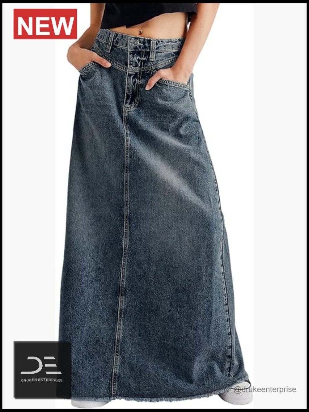 High Waist Maxi Denim Skirt with Raw Hem and Pockets